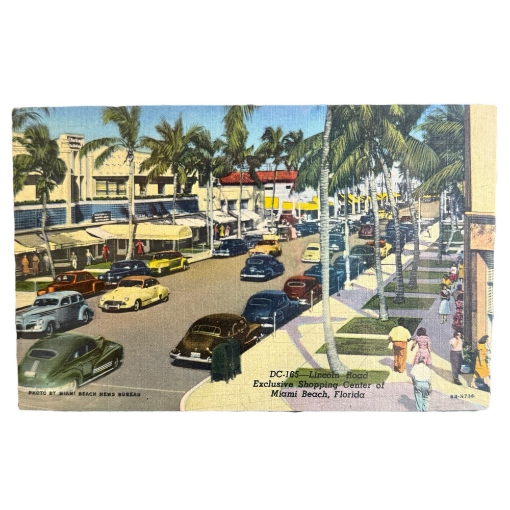 Vintage Linen Postcard Miami Beach Florida Shopping Center VW Beetle Lincoln Rd.